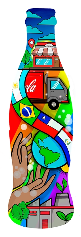 Versión vertical completa de la botella Vive Propósito, integrando iconos de logística, sustentabilidad y compromiso comunitario.